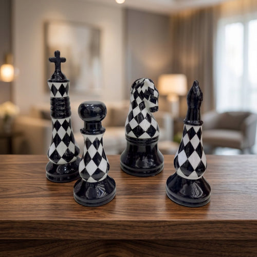 Monochrome Diamond Chess Piece Sculpture Set of 4