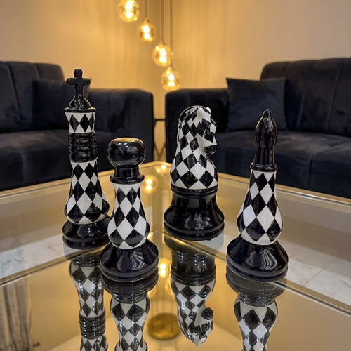 Monochrome Diamond Chess Piece Sculpture Set of 4