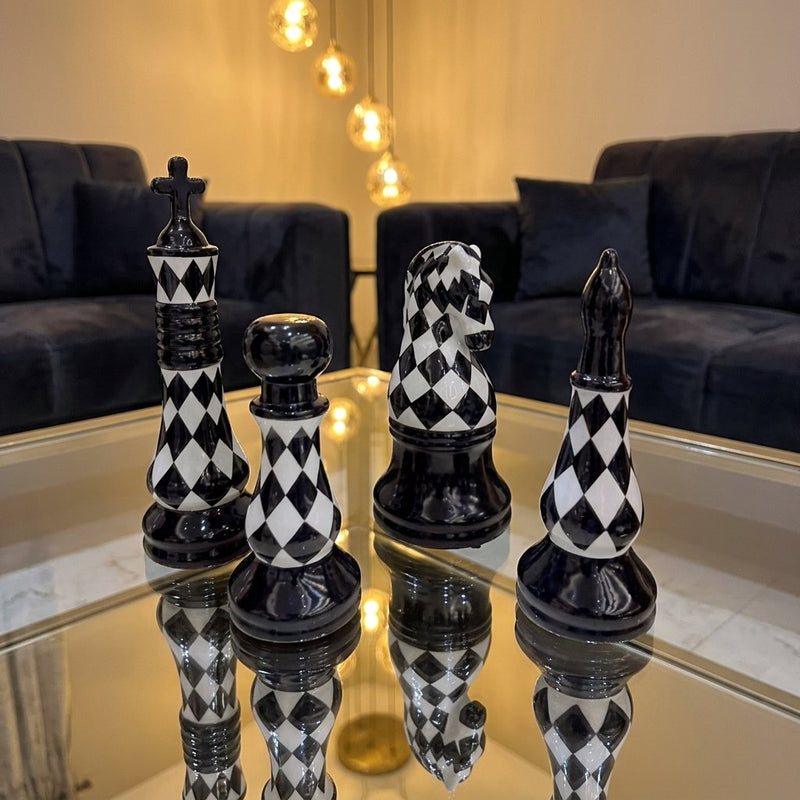Monochrome Diamond Chess Piece Sculpture Set of 4