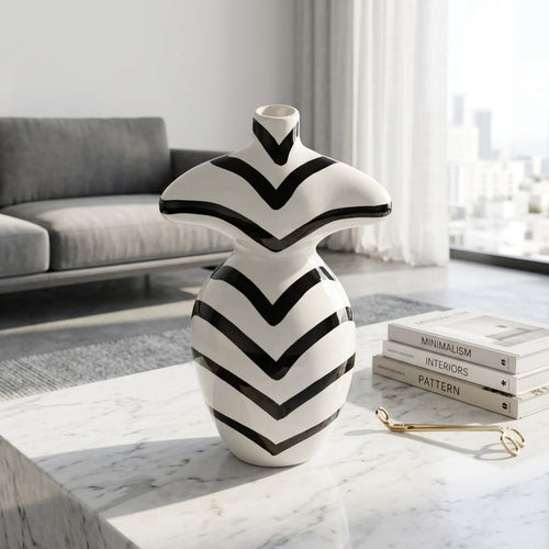Black and White Striped Body Sculptured Vase