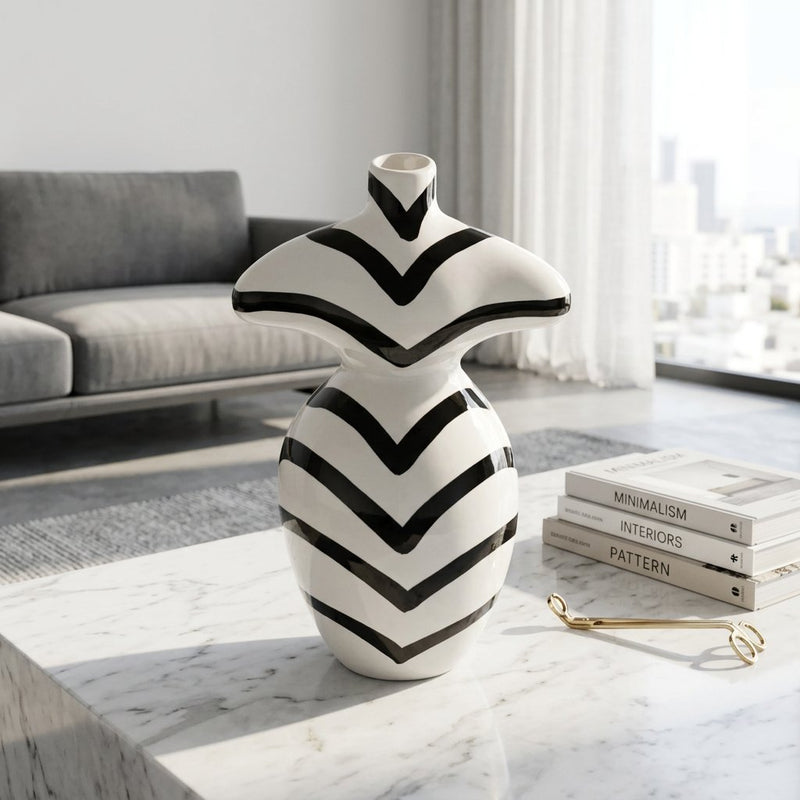 Black and White Striped Body Sculptured Vase