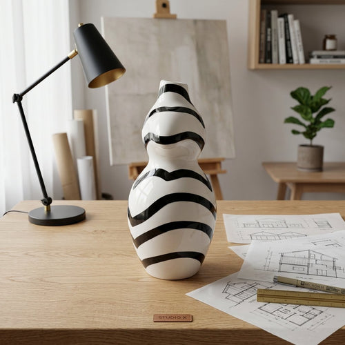 Black and White Striped Body Sculptured Vase