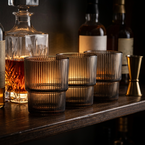 Elegant Grey Ribbed Whisky Glasses Set of 3