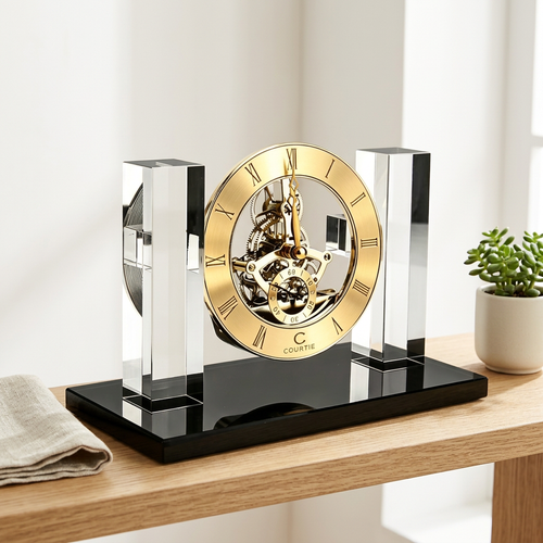 Regal Gold Skeleton Desk Clock with Crystal Pillars