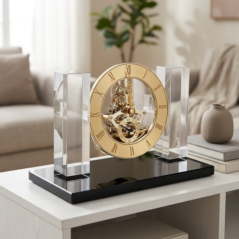 Regal Gold Skeleton Desk Clock with Crystal Pillars