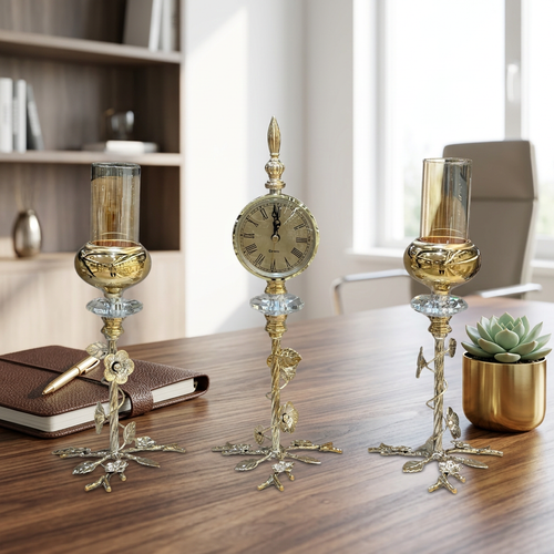 3 Piece Floral Gold Clock & Amber Glass Candle Stand Set