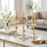 3 Piece Floral Gold Clock & Amber Glass Candle Stand Set