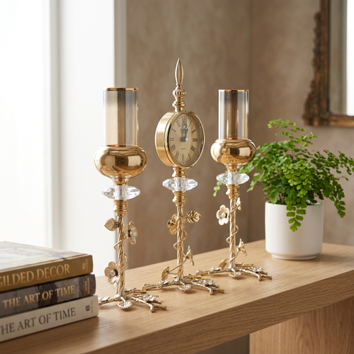 3 Piece Floral Gold Clock & Amber Glass Candle Stand Set