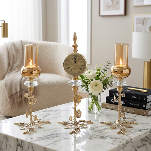 3 Piece Floral Gold Clock & Amber Glass Candle Stand Set