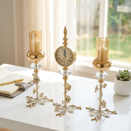 3 Piece Floral Gold Clock & Amber Glass Candle Stand Set