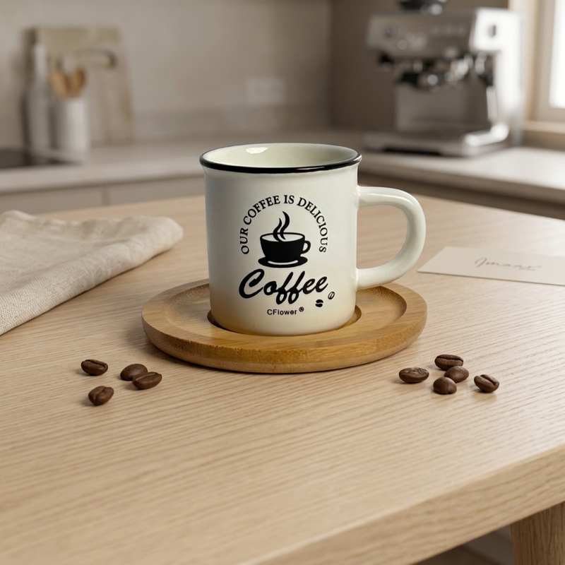 Retro Ceramic Coffee Mug Set with Wooden Coaster Saucer