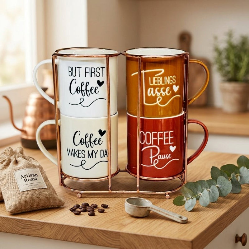 Stackable Ceramic Mug Set with Rose Gold Wire Stand