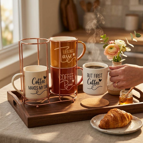 Stackable Ceramic Mug Set with Rose Gold Wire Stand