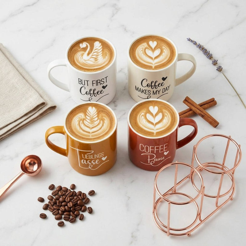 Stackable Ceramic Mug Set with Rose Gold Wire Stand