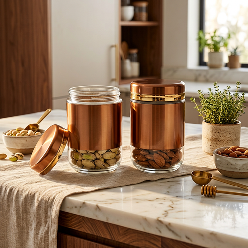 Rose Gold Glass Canister Set for Tea, Coffee & Sugar Set of 2
