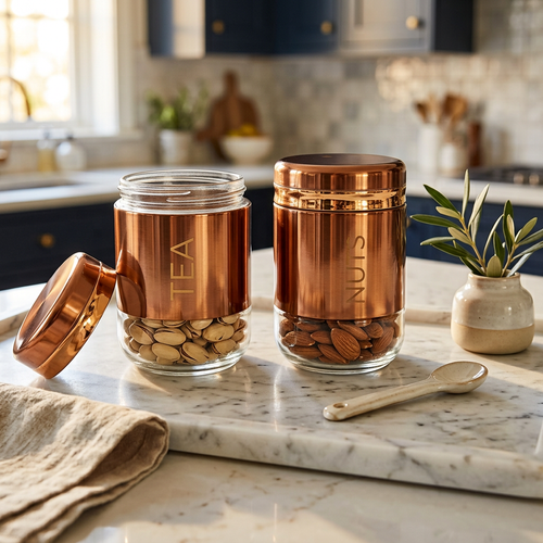 Rose Gold Glass Canister Set for Tea, Coffee & Sugar Set of 2