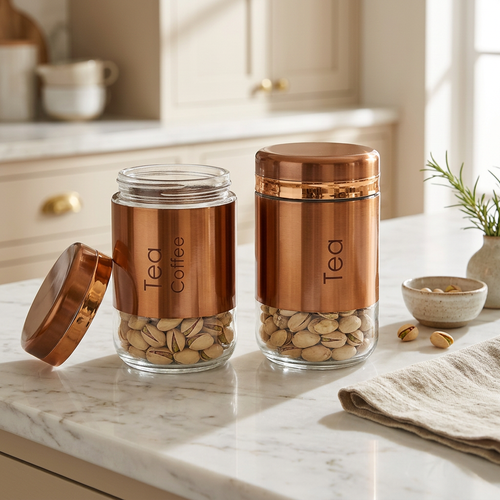 Rose Gold Glass Canister Set for Tea, Coffee & Sugar Set of 2