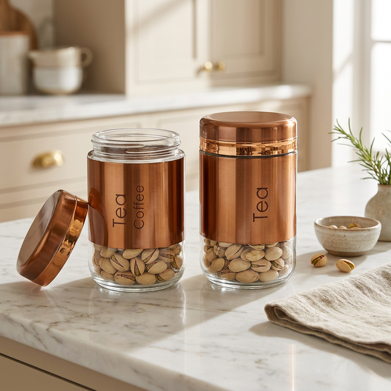 Rose Gold Glass Canister Set for Tea, Coffee & Sugar Set of 2