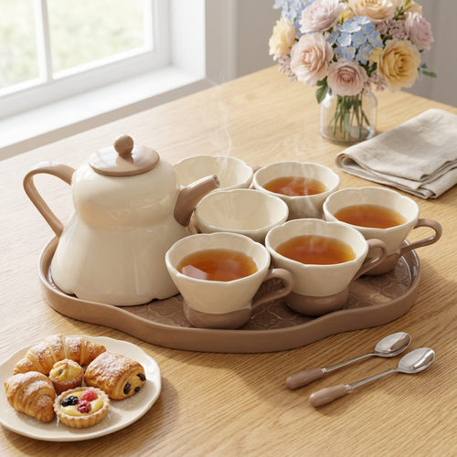 Scalloped Two-Tone Tea Set with Cloud-Shaped Tray