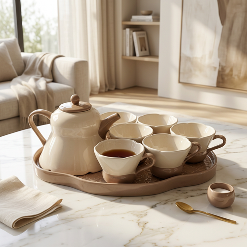 Scalloped Two-Tone Tea Set with Cloud-Shaped Tray