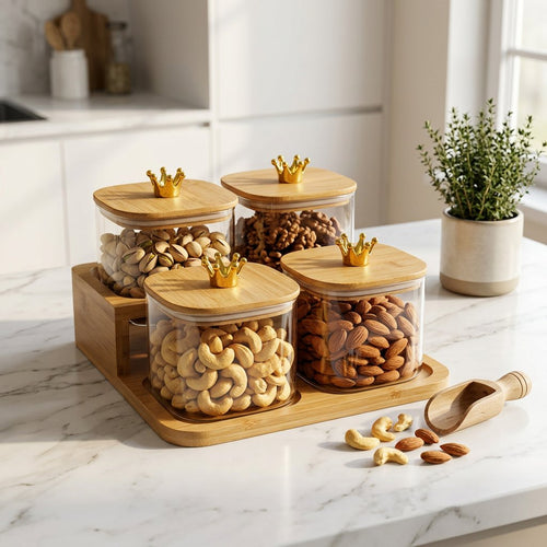 Elegant Square Glass Spice Jar Set with Wooden Tray