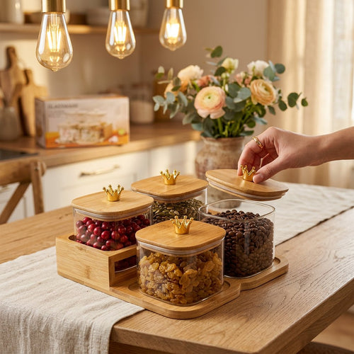 Elegant Square Glass Spice Jar Set with Wooden Tray