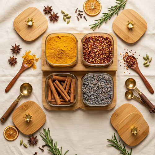 Elegant Square Glass Spice Jar Set with Wooden Tray