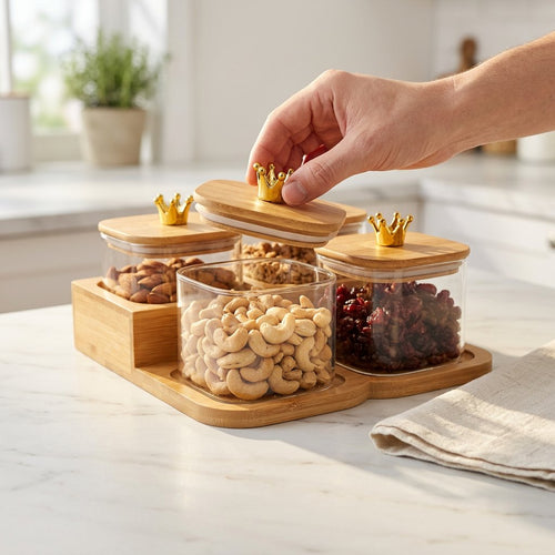 Elegant Square Glass Spice Jar Set with Wooden Tray