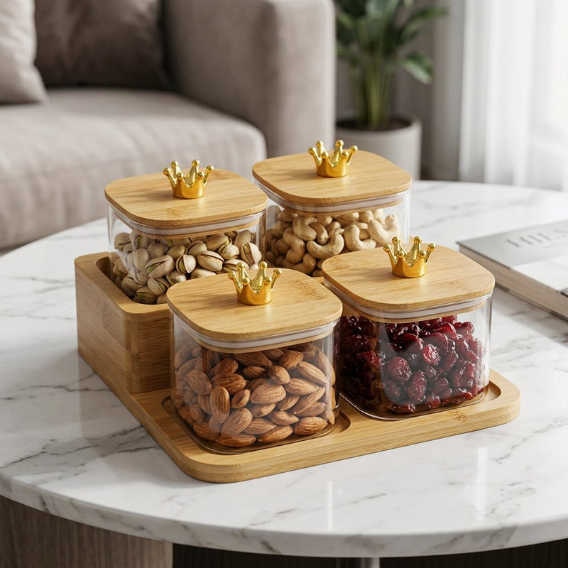 Elegant Square Glass Spice Jar Set with Wooden Tray