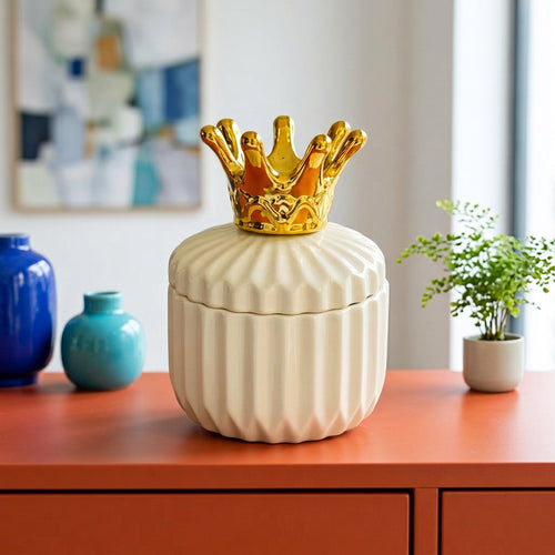Tabletop Storage Jar with Crown Gold Accent