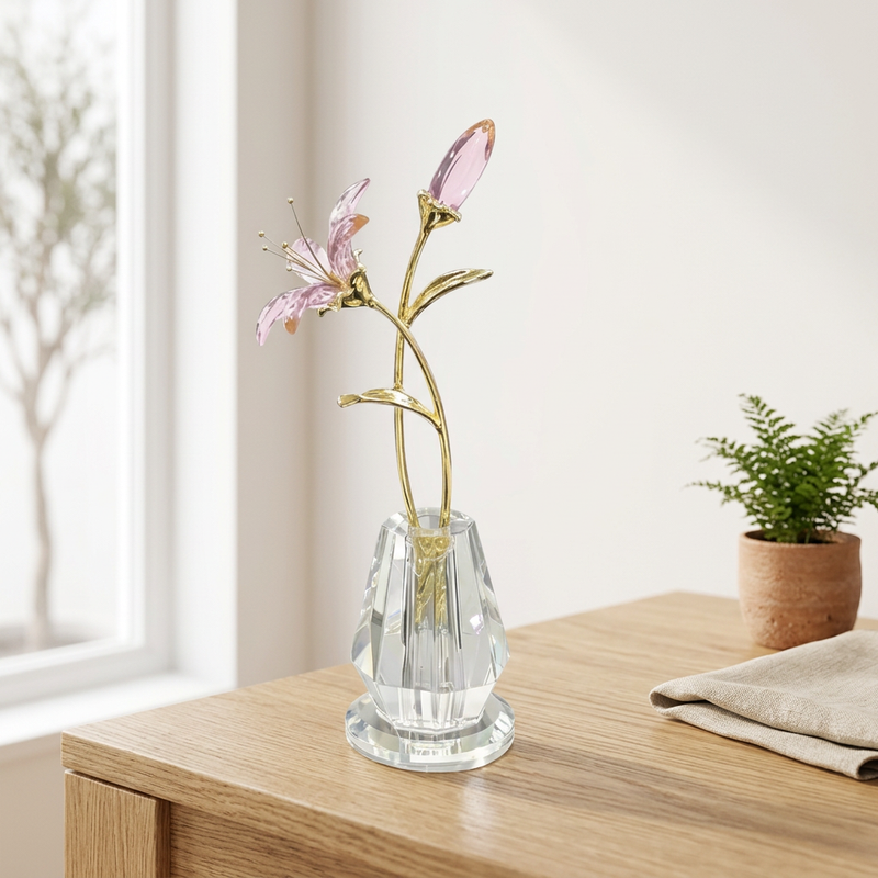 Luxury Pink Crystal Lily & Gold Stem Table Figurine