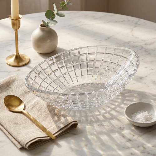 Elegant Textured Crystal Cut Glass Boat Bowl 10 Inch