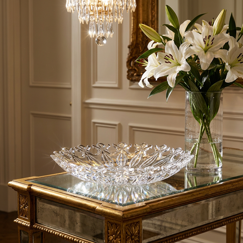 Diamond Cut Glass Round Serving Dish with Scalloped Edge 14 Inch