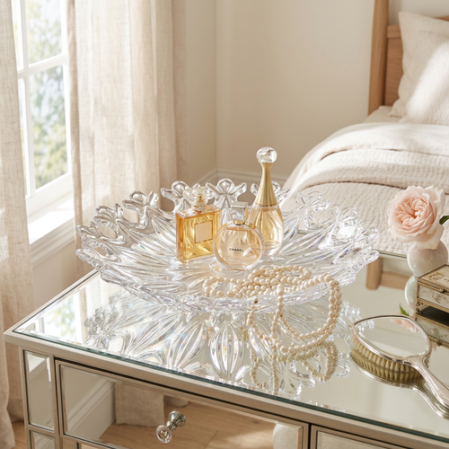 Diamond Cut Glass Round Serving Dish with Scalloped Edge 14 Inch