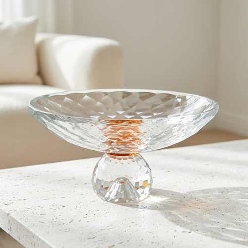 Elegant Crystal Glass Bowl with Amber Accent Ring