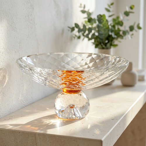 Elegant Crystal Glass Bowl with Amber Accent Ring