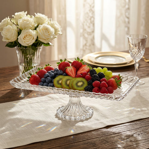 Elegant Scalloped Rectangular Pedestal Glass Tray 14 Inch