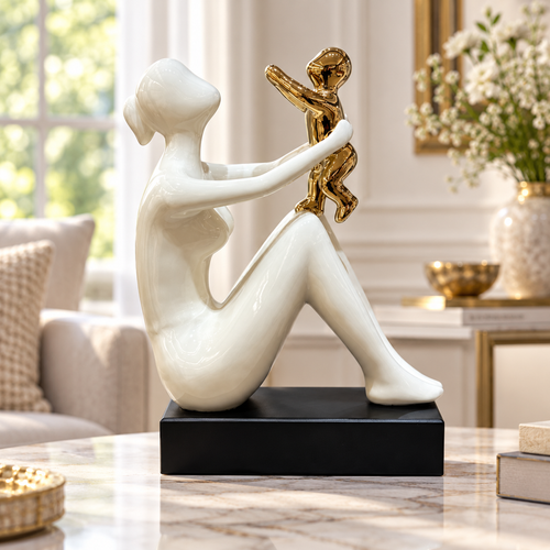 Seated Mother & Child Sculpture in Ivory & Gold