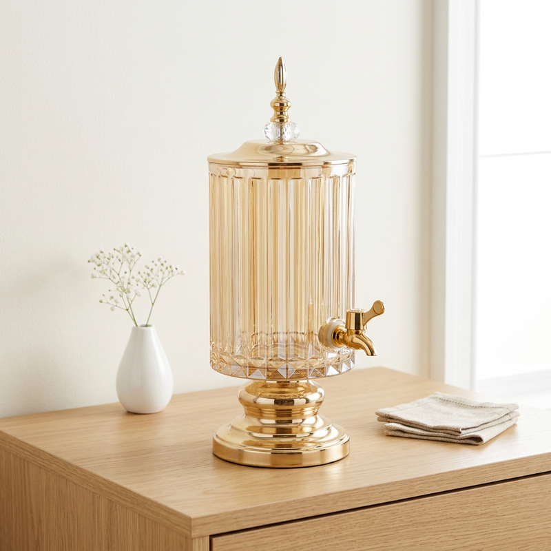 2.8L Amber Glass Beverage Dispenser with Gold Spigot & Base