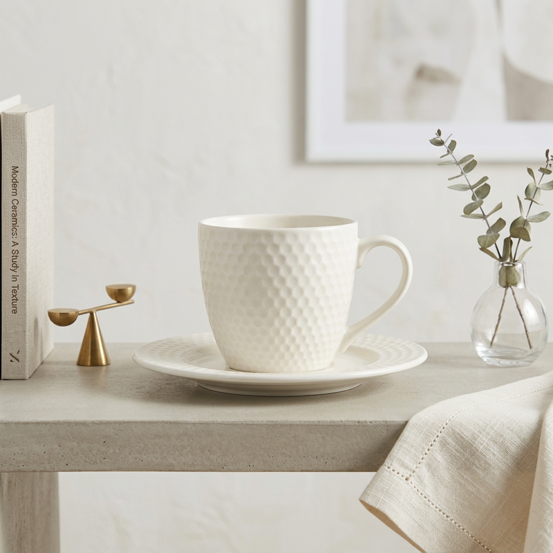 Classic Textured White Cup & Saucer Set of 6