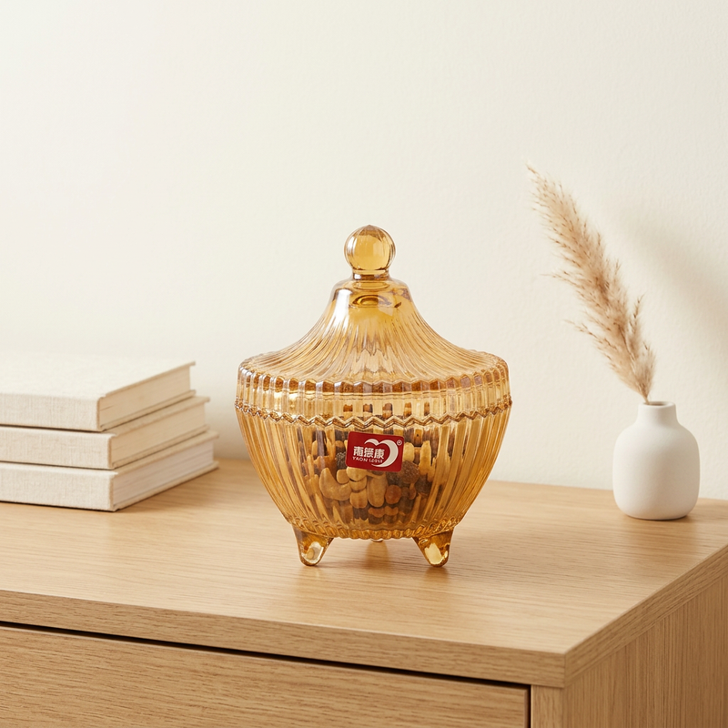 Amber Gold Glass Candy Jar with Lid 4 Inch