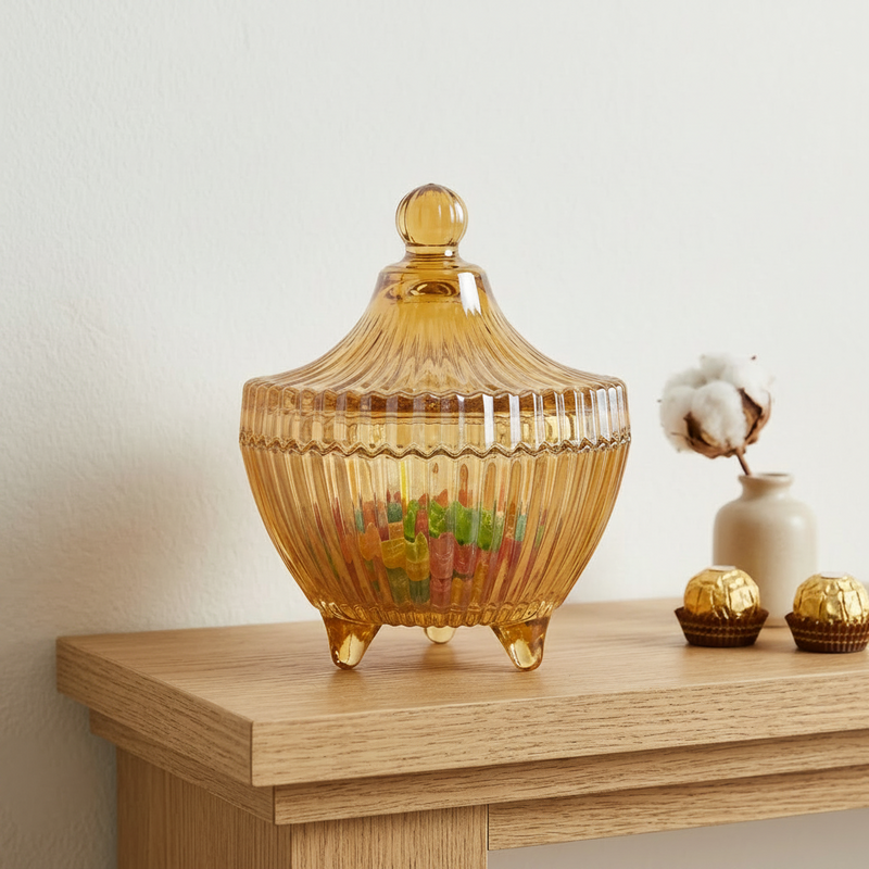 Amber Gold Glass Candy Jar with Lid 4 Inch