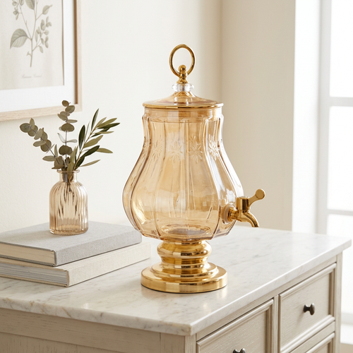 Luxury Amber Glass Dispenser with Gold Pedestal & Tap