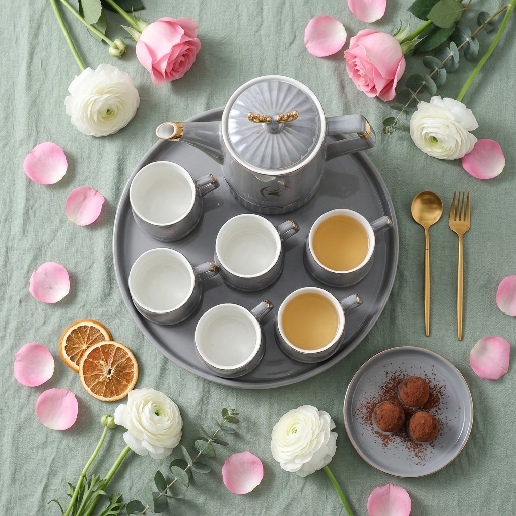 Slate Gray Glossy Tea-Set with 6 Cups & Tray