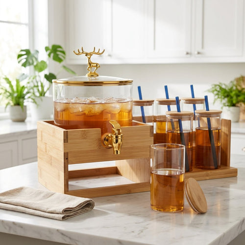 Stag Crest Glass Dispenser & Glass Set with Bamboo Caddy