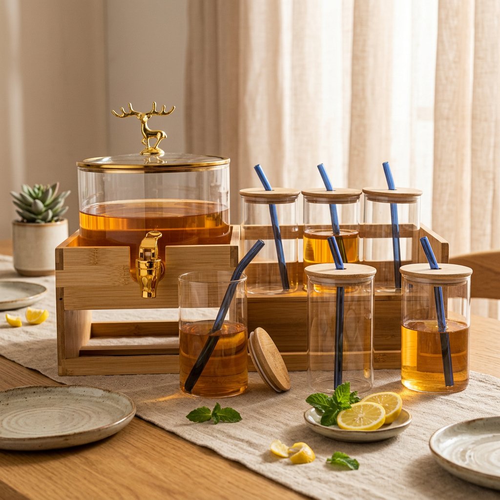 Stag Crest Glass Dispenser & Glass Set with Bamboo Caddy