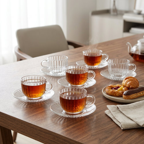 Modern Clear Glass Cup & Saucer Set of 6