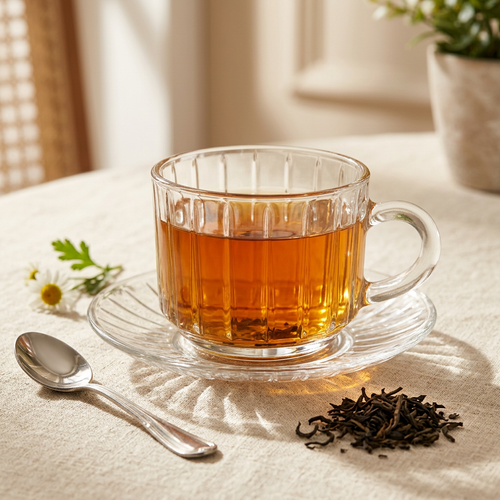Modern Clear Glass Cup & Saucer Set of 6