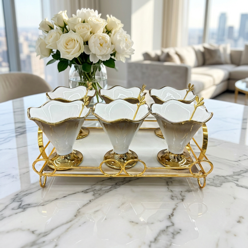 Luxury Gold Trimmed Dessert Cup Set with Tray & Spoons 13Piece