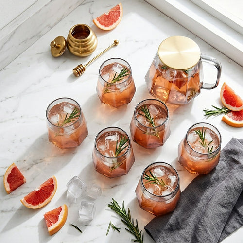 Elegant Geometric Pitcher with Gold Lid & 6 Glasses Set